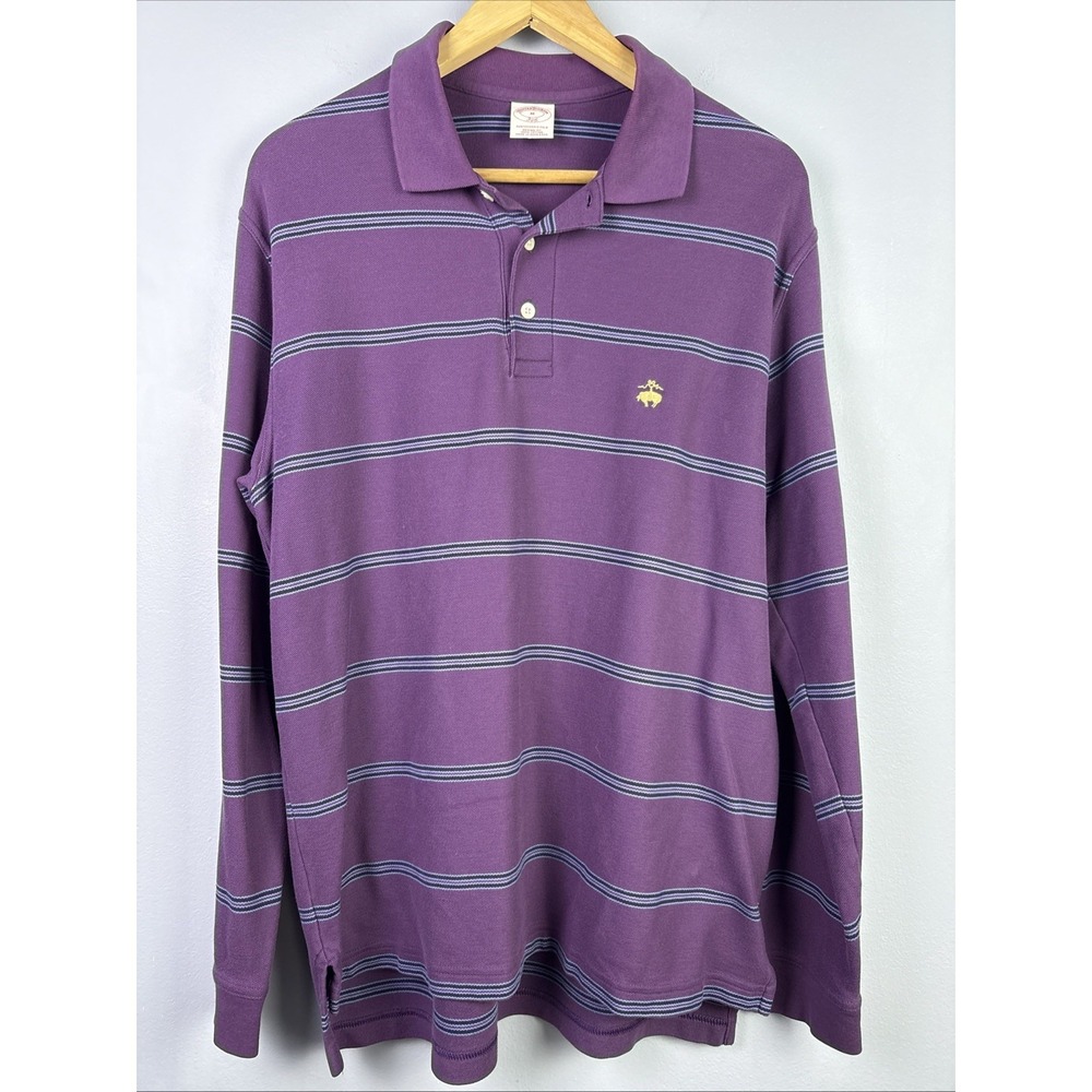 Brooks Brother's Men's M Medium Purple Stripe Long Sleeve Polo Logo Preppy Rugby